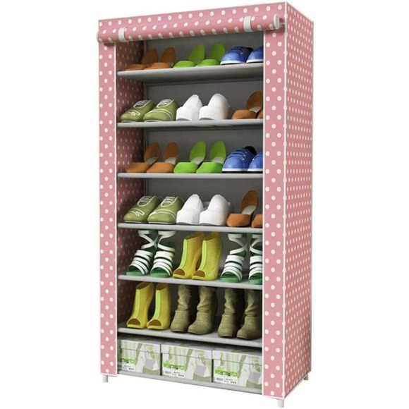 PINK and White - IBEQUEM 7 Tier Shoe Rack with Non-Woven Fabric Cover - Picture 4 of 8